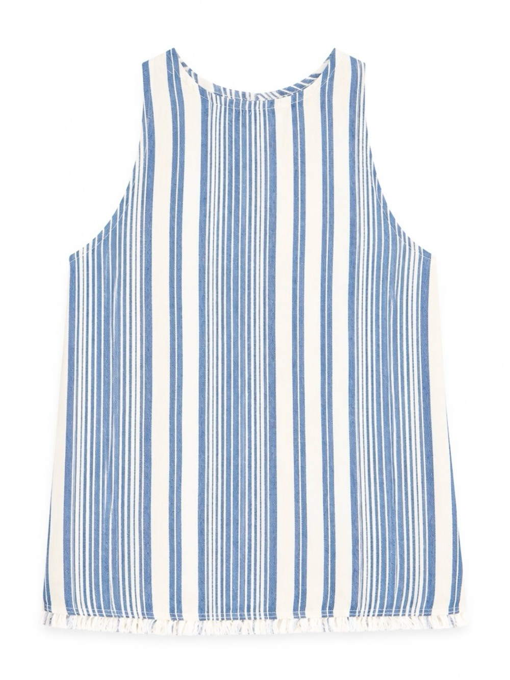 BELLA DAHL BLUE WHITE STRIPE SAND PEOPLE COASTAL LINEN FRINGE BOHO TOP SZ L NWT - Picture 2 of 7